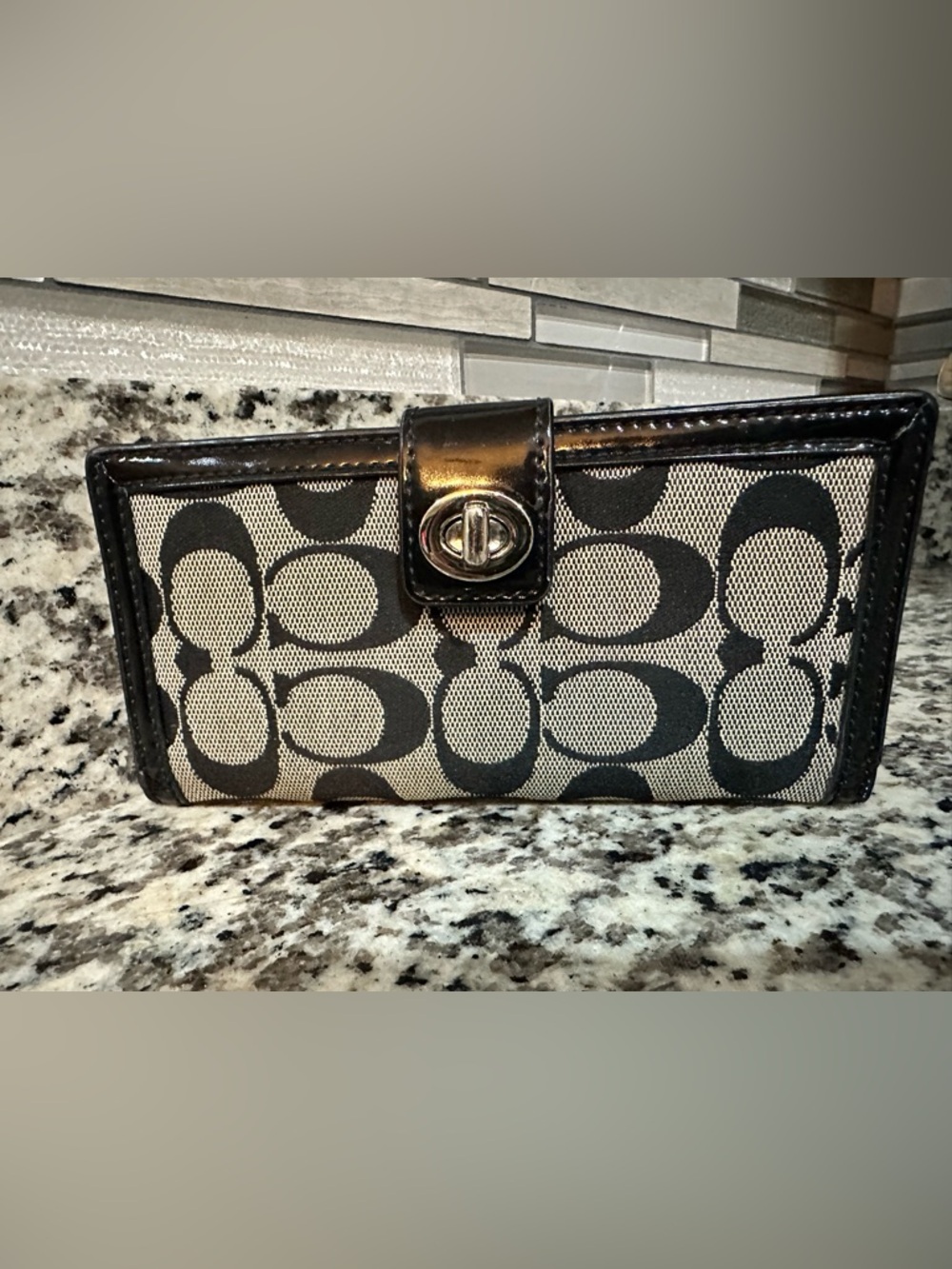 Coach Black and Cream Signature Canvas Wallet with Turn-Lock